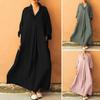 Autumn Spring Women Maxi Dress A-line Loose Hem Long Sleeves V Neck Pleated with Side Pockets Pullover Pure Color Daily Wear DressHandbags
