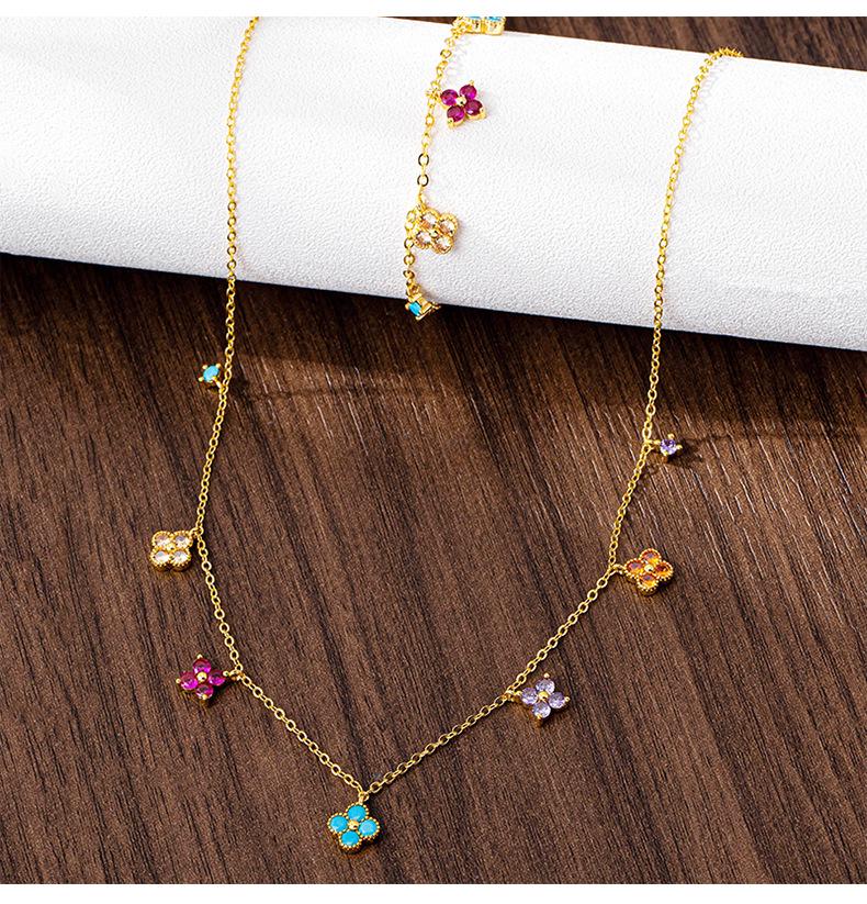 Вьетнам Золотой Минималистичный Набор Ожерелье Четырехлистный Клевер и Браслет Цветок с Инкрустацией Цирконами