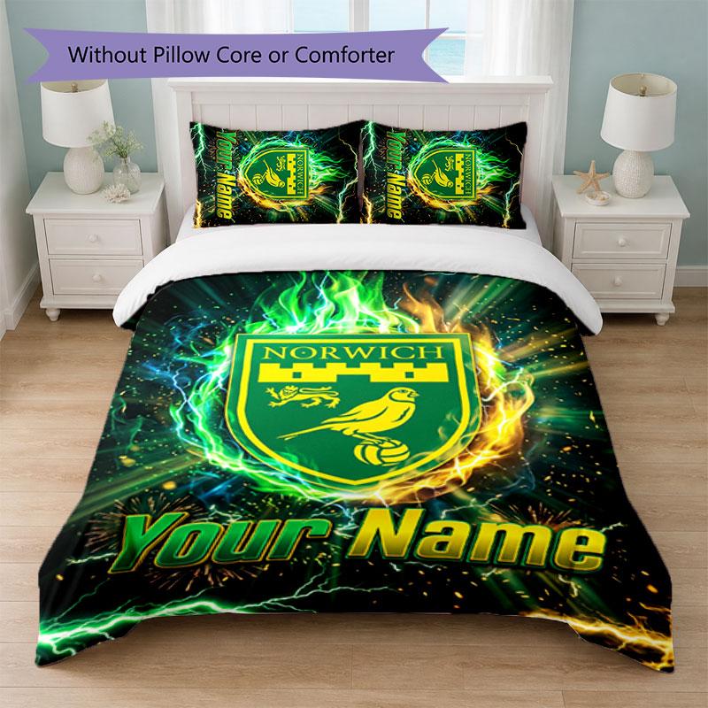Norwich City Custom Name Text Bedding Set 1 Duvet Cover+2 Pillowcases Soccer Logo Personalized Gift For Special Occasion Bedroom Decor
