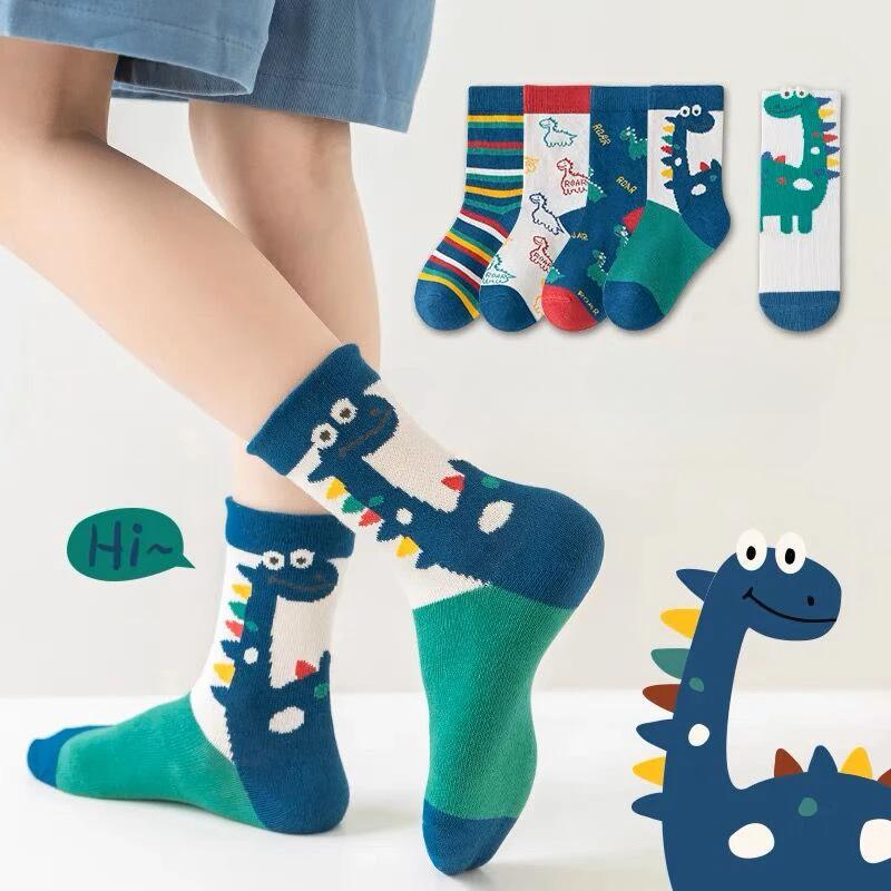 5Pairs Girl Mid-tube Socks Autumn Winter New Style Children's Socks Mid-high Long Dinosaur Cartoon Design Boys Girls 1-14Years