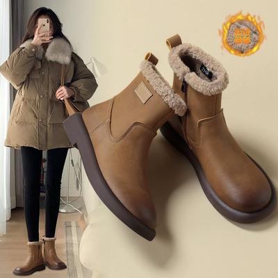 Женские зимние сапоги 2024 новые осенне-зимние бархатные теплые полусапожки на плоской подошве из овечьей шерсти, бархатные утолщенные хлопковые туфли, женские сапоги