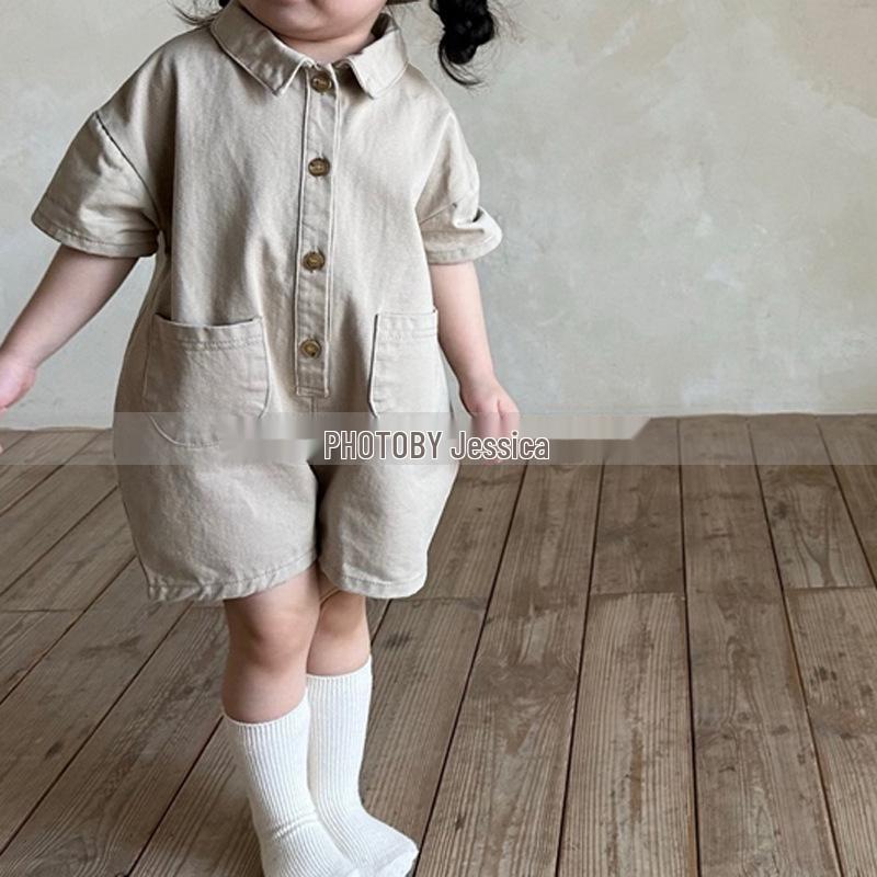 2024 Летний Унисекс Детский Корейский Джинсовый Ромпер Шорты - Модный Комбинезон для Младенцев и Малышей для Прогулок и Ползания