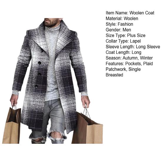 Lapel Long Sleeves Pockets Single-breasted Men Windbreaker Autumn Winter Mid-Length Plaid Patchwork Thickened Woolen Coat