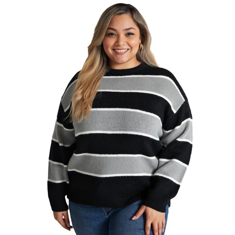 Полосатый лоскутный вязаный свитер для женщин с круглым вырезом и длинными рукавами, базовый пуловер, повседневный стильный свободный свитер, мягкий удобный рабочий топ