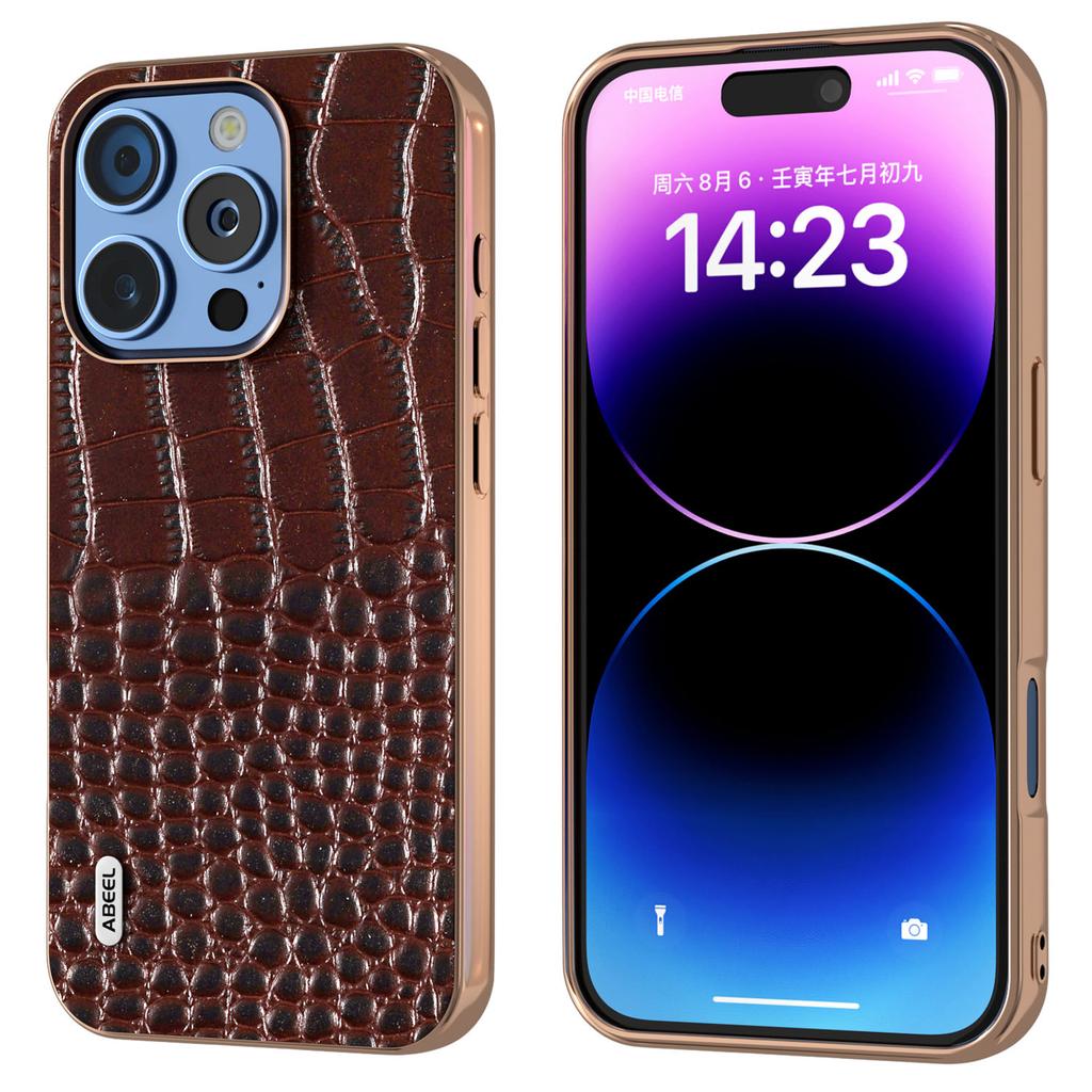 ABEEL For iPhone 16 Pro Max Case Electroplating Edge Crocodile Texture Genuine Cow Leather Back Phone Cover