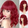 Red Wine Natural Wavy Shoulder Length Wig with Bangs Synthetic Fiber Cosplay Burgundy Daily Wear Short Wavy Bob Wig