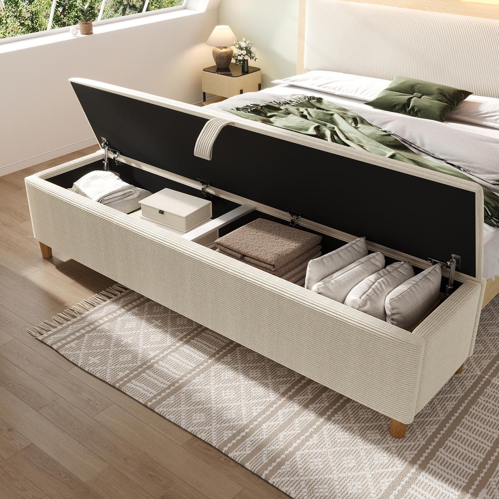 Bed Bench with Storage, 145 x 38 cm, Upholstered Bench with Hydraulic Storage, Storage Box, Bedroom, Living Room and Hallway, Beige Corduroy Look.