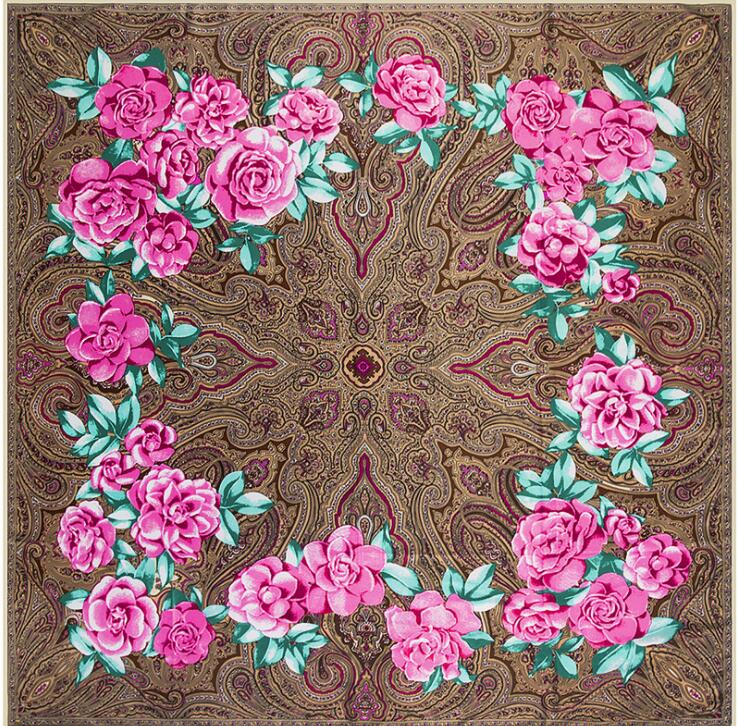 New Luxury Brand Design Sago Cycas Palm Tree Winter Square Scarf 130cm Twill Silk Scarf Women Kerchief Scarves For Ladies