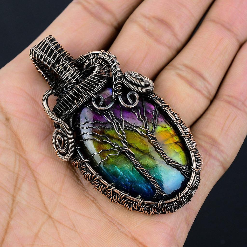 Кулон из лабрадорита с мульти-иризацией, ювелирное изделие из драгоценного камня, кулон, оплетенный медной проволокой 999 пробы, подарок для женщин, кулон ручной работы
