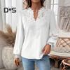 Women Short V-Neck Half Open Collar Lace Stitching Long-Sleeved Shirt Solid Color Loose Fit Pullover Tops Daily Wear