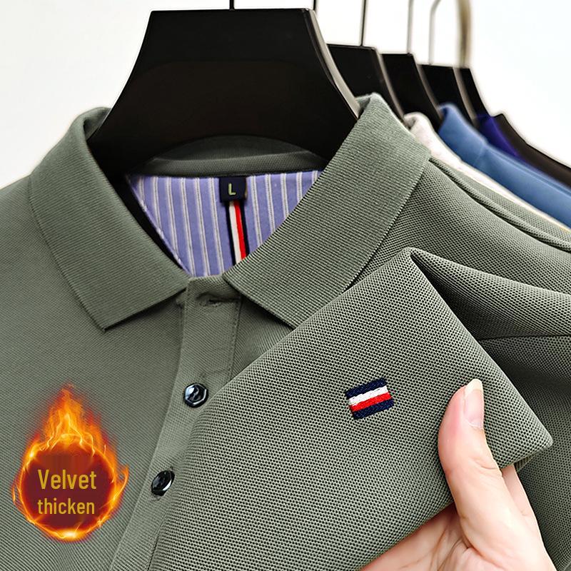 Men's Fleece-Lined Turn-Down Collar Long-Sleeve Polo Shirt - Autumn/Winter Casual Embroidered Warm Top