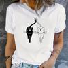 Fashion Women Black and White Cat Print T Shirt Funny Casual O-neck Short Sleeves T-shirt Summer Female Tee Shirt