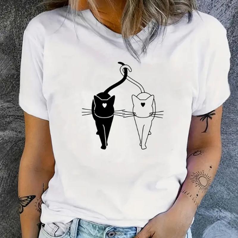 Fashion Women Black and White Cat Print T Shirt Funny Casual O-neck Short Sleeves T-shirt Summer Female Tee Shirt