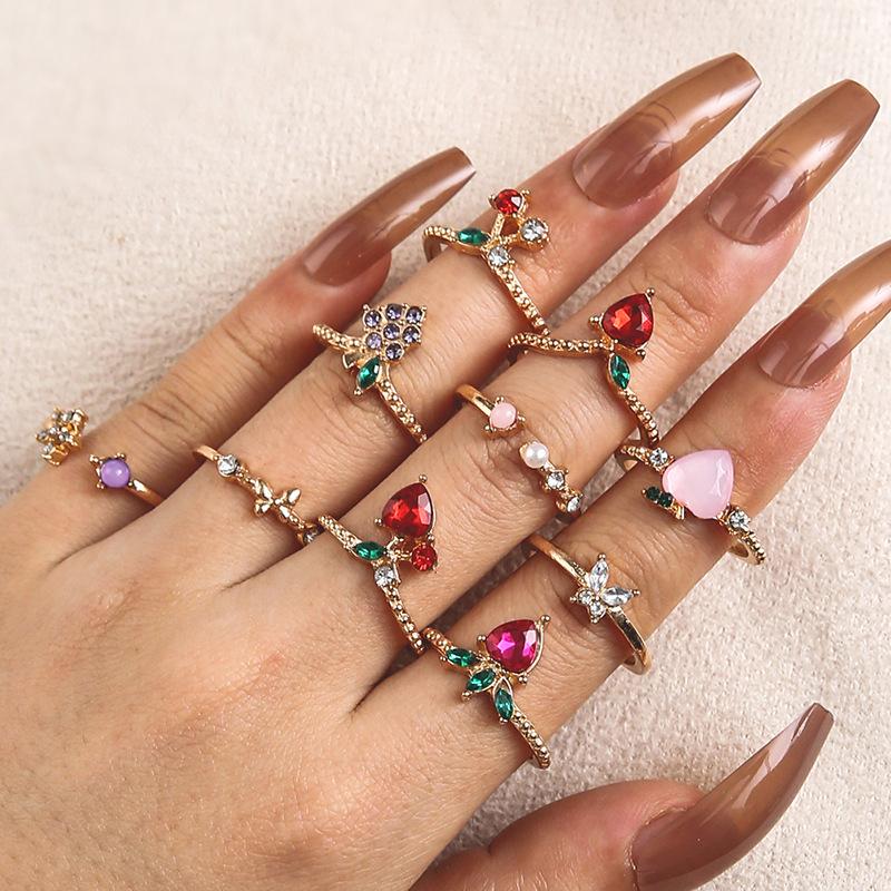 Apple Peach Strawberry Cherry Butterfly Grape Fun Ring 10-piece Ring Set