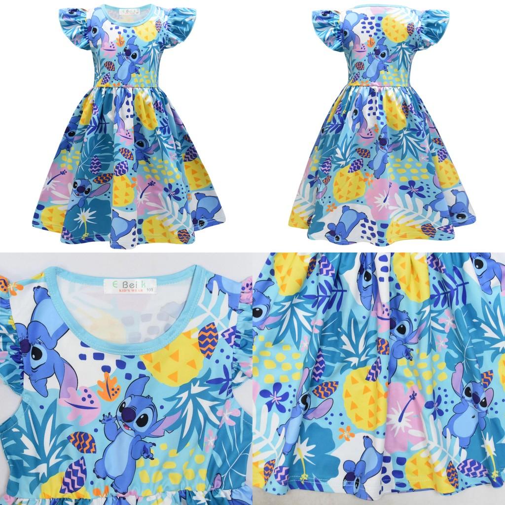 Lilo And Stitch Girl Dress With Pleated Milk Silk Fabric For Summer Playtime