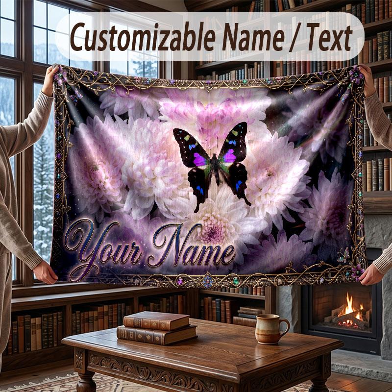 Butterfly Theme Throw Blanket Custom Name Text Personalized Blanket Soft Cozy Blanket for Home Sofa Bed