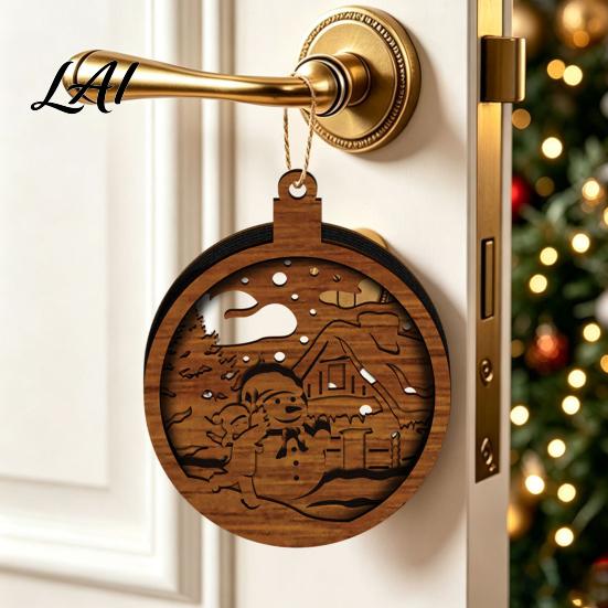 Multi Purpose Wood Decor 3D Wooden Light Up Christmas Ornament Layered House Tree Snowman Art Nativity Scene Hanging Decoration for Xmas Tree,