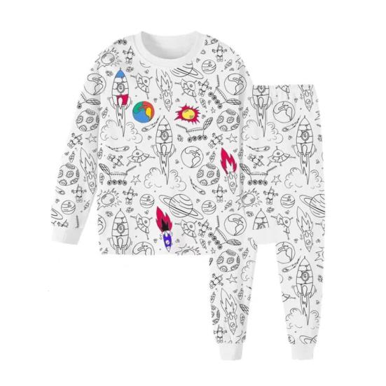 2 шт./комплект, детская раскрашиваемая пижама своими руками с бесцветными забавными персонажами, круглый вырез, длинные рукава, развивающая креативность, индивидуальное самовыражение, одежда для сна