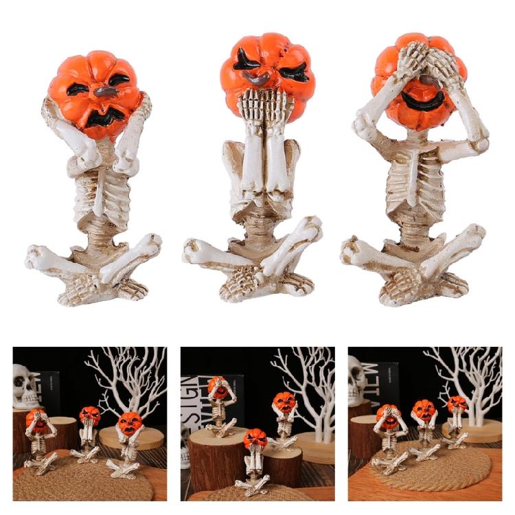 Pumpkin Skeleton Statue Mini Skull Figurines Resin Skull Fishers Sculpture for Outdoor Garden Pond Fountains Poolsides