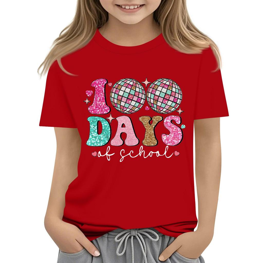 Happy 100th Day Of School Girls Boys Short Sleeve T Shirts Kids Tops Crewneck Tees