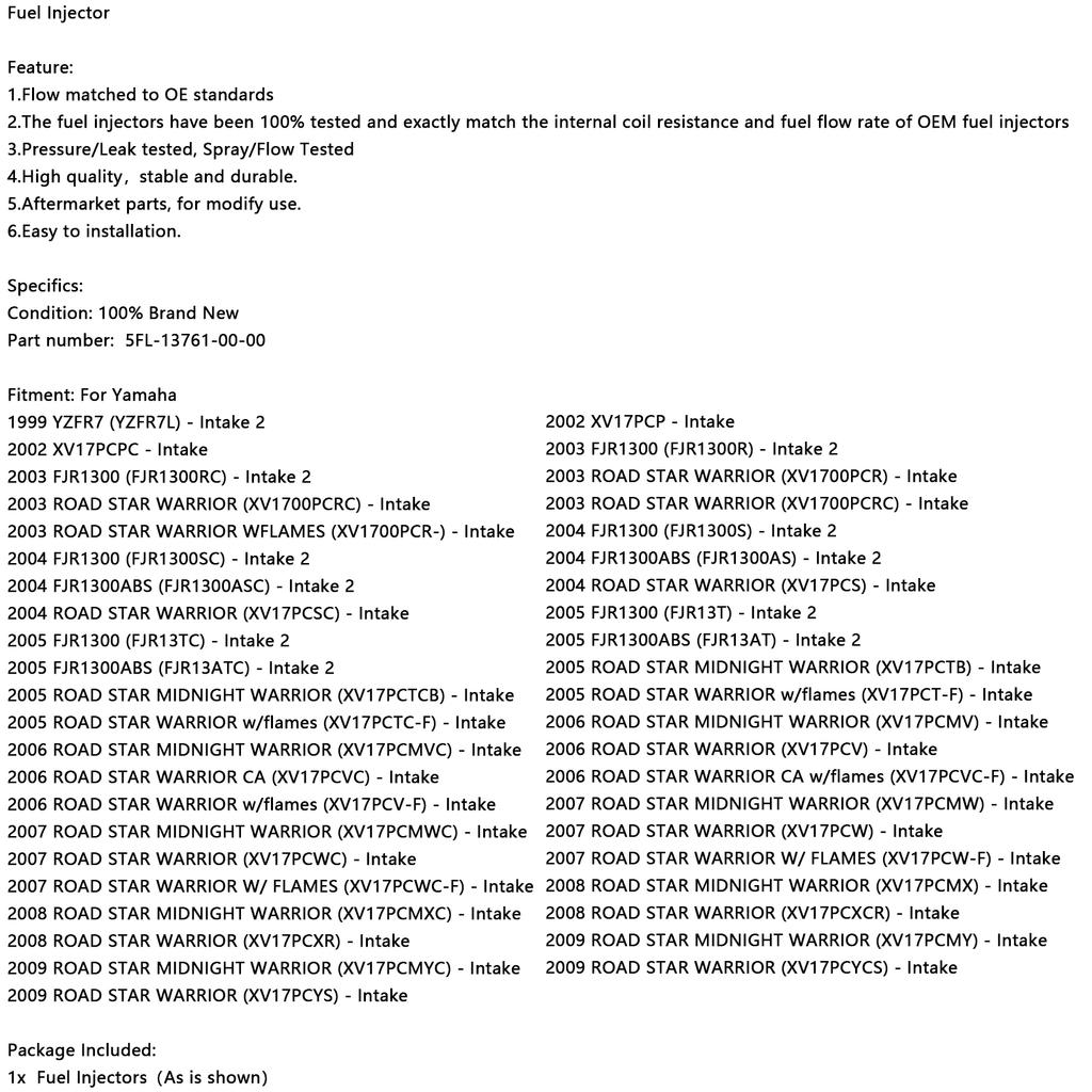 Топливные форсунки 5FL-13761-00-00 для Yamaha FJR1300 Road Star Warrior XV1700