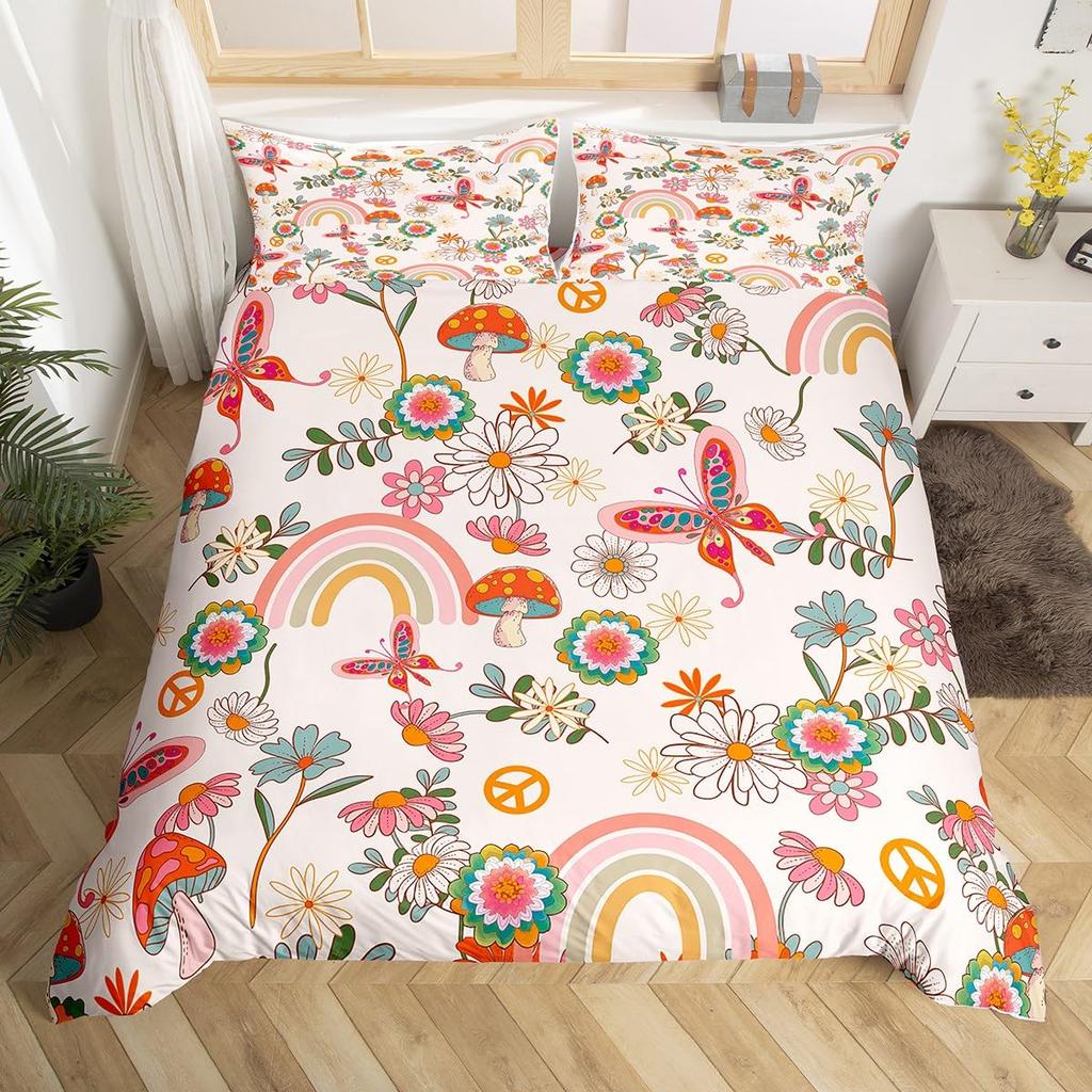 Retro 60S 70S Groovy Flower Duvet Cover,Colorful Hippie Floral Bedding Set Queen,Cartoon Rainbow Mushroom Daisy Comforter Cover