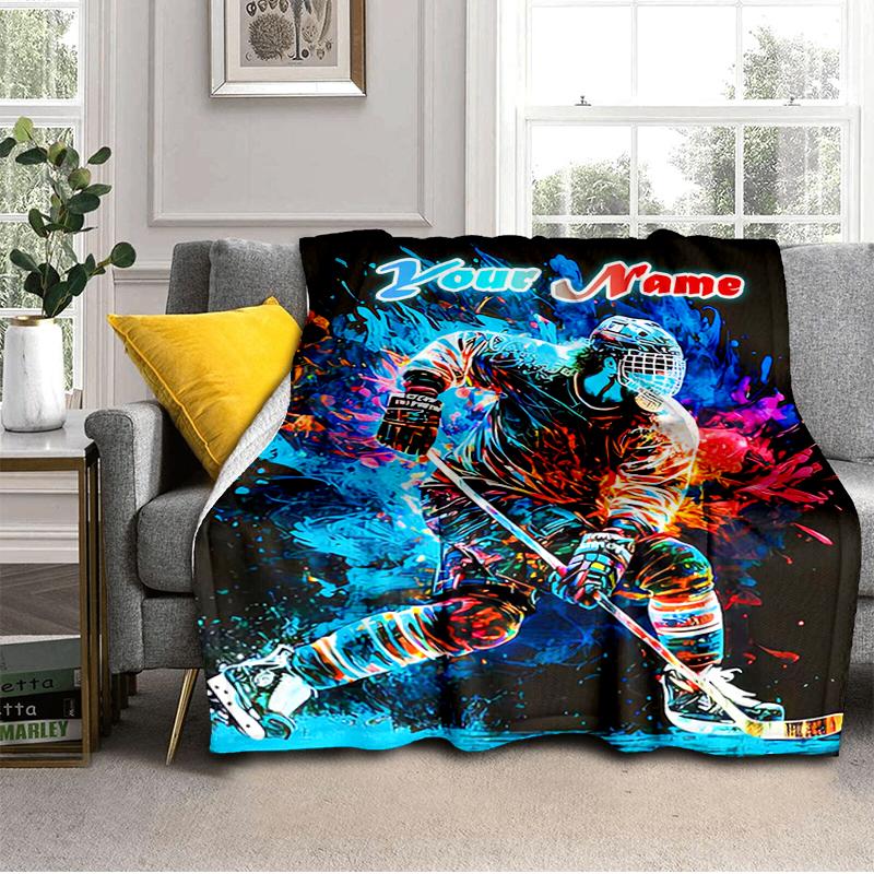 1PC Custom Name "Dynamic Hockey Player Artwork" Flannel blankets Patterns Throw Blanket All-Season Soft Gift for Couch, Bed, Camping gifts