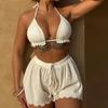 Women's Swimsuit Solid Color Three-piece Suit Sexy Triangle Bag Halter Neck Low Waist Bikini Beachwear Bathing Suits