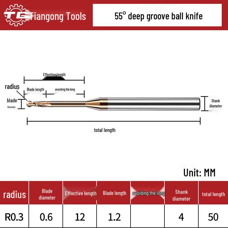 Tiangong Вольфрамовая сталь R0.5 Концевая фреза со сферическим концом 0.75 Сплавная шейка, 2 режущие кромки, 55° с покрытием, Удлиненная для глубоких пазов 1, 1.25