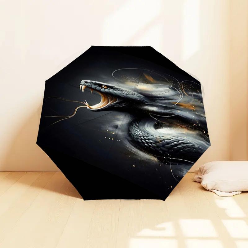 Black Snake Artwork Automatic Opening/Closing Umbrella - Portable Folding Design with 8-Bone Iron Frame, Perfect for Outdoor Use, Festive Gi
