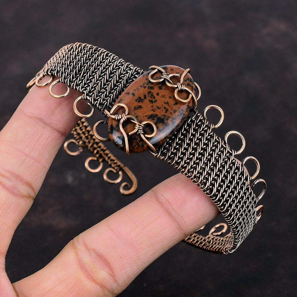 Браслет из красного дерева с обсидианом, медная проволока, браслет-манжета, драгоценный камень, регулируемый браслет, браслет ручной работы, дизайнерские медные украшения, свадебный подарок