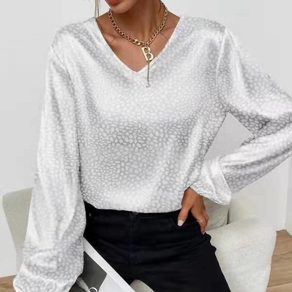 QICED Весенне-осенняя рубашка с v-образным вырезом и леопардовым принтом, женская жаккардовая рубашка с длинным рукавом
