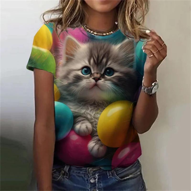 Модная женская футболка с 3D принтом Kawaii Cat Pattern, топ с короткими рукавами и круглым вырезом, летняя уличная повседневная уличная простая одежда