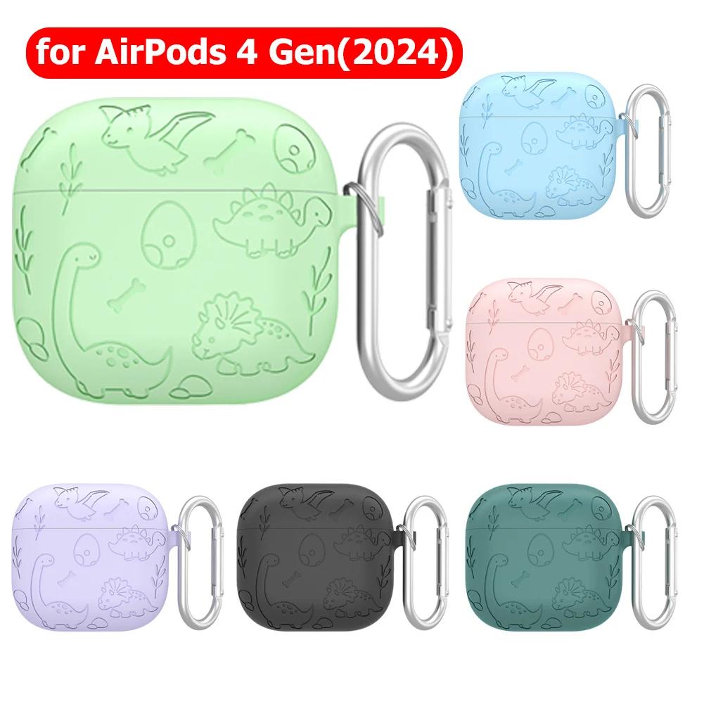 Silicone Case Protector with Carabiner Engraved Flower Dinosaur Case Soft Silicone Skin Protective Case for AirPods 4 Gen (2025)
