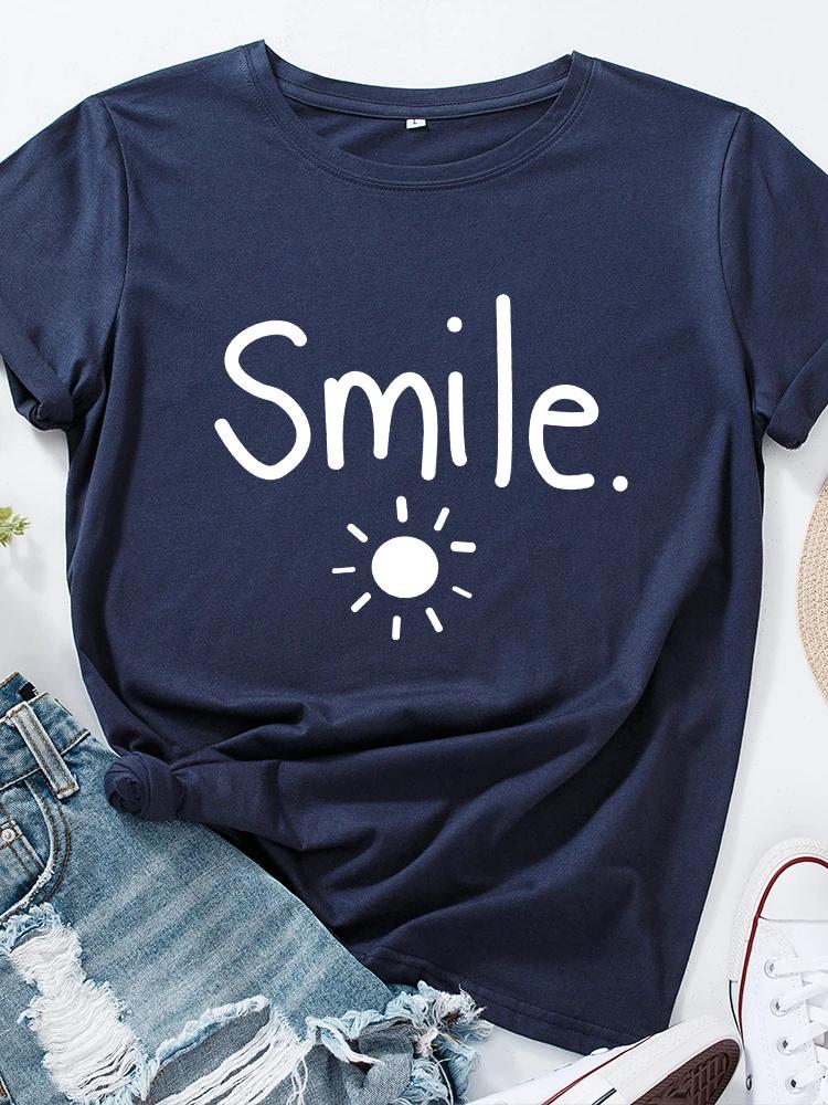 Футболка с принтом «Sun Smile» для женщин с коротким рукавом и круглым вырезом, свободная летняя женская повседневная футболка, топы, Camisetas Mujer