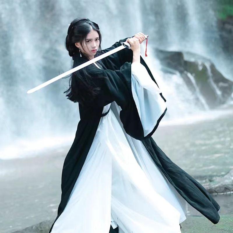 Черный китайский стиль династии Вэй Цзинь, женский костюм Hanfu, китайская одежда, сказочный повседневный костюм