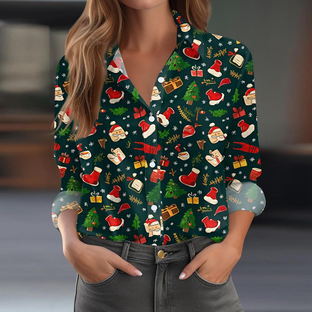 Women's Shirt Blouse Christmas Print Button Long Sleeve Casual Basic Shirt Collar Regular Top