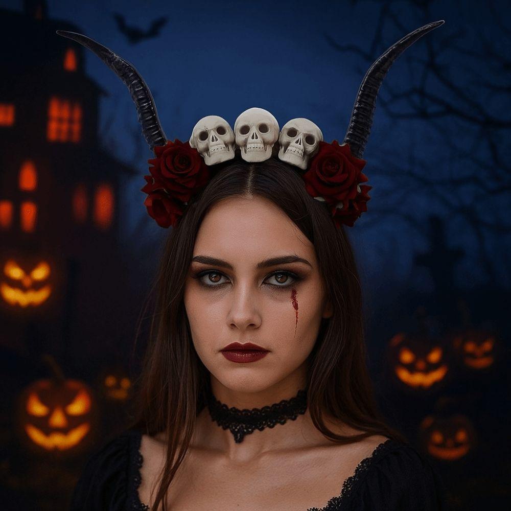 Skull Sheep Horn Hairband Gothic Style Red Rose Headband Ox Horns Headband  Women's Accessories