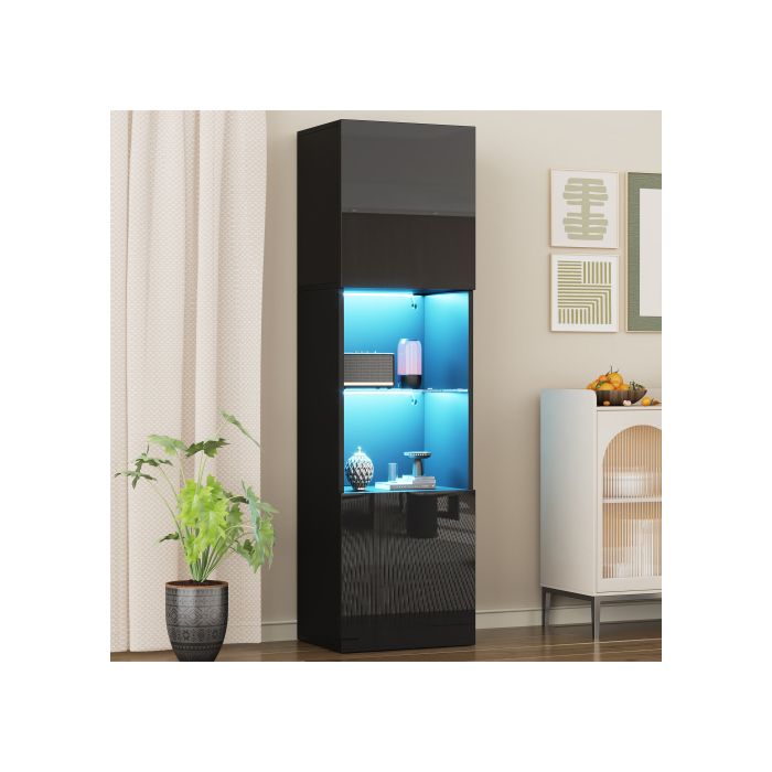 Vitrine - MUVOE - Noir Brillant - 1 étagère en verre - Éclairage LED - 160 cm
