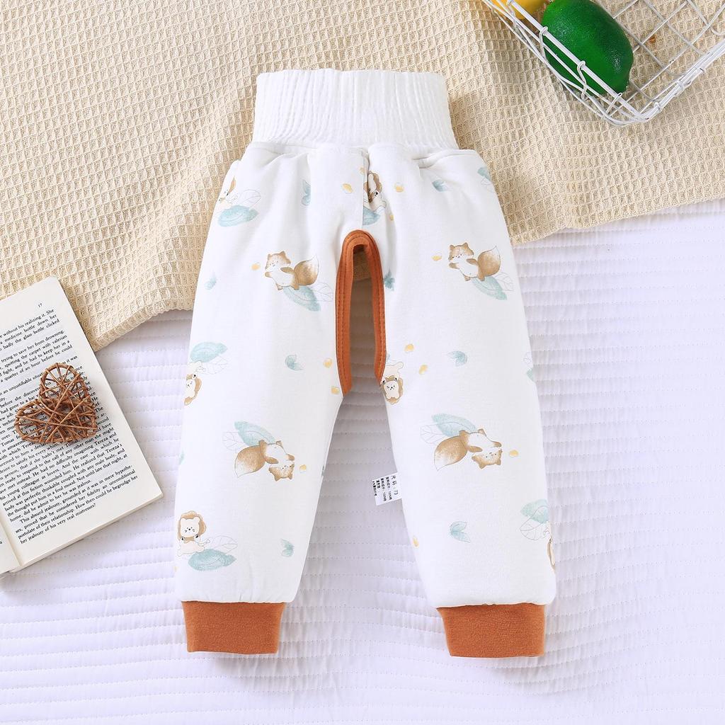 High Waist Baby Cotton Quilted Pants with Belly Protection – Mulberry Silk-Lined for Boys & Girls, Perfect for Autumn & Winter