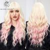 Long Blonde Pink Synthetic Wigs for Women Wavy Wig with Bangs Daily Cosplay Party Use Heat Resistant Fiber