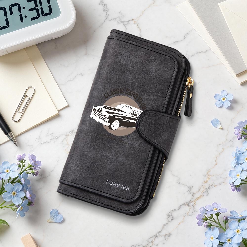 Vintage Car Printed Long Wallet Classic Design Multi Slot Portable Purse for Daily Use