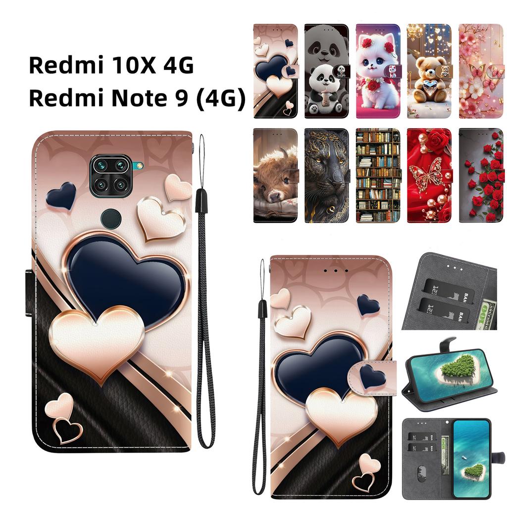 Чехол-книжка из искусственной кожи ручной работы для Xiaomi Redmi 10X 4G/ Redmi Note 9 (4G) Противоскользящий ударопрочный чехол с ремешком на запястье и дизайнами в виде сердец/роз и кошек
