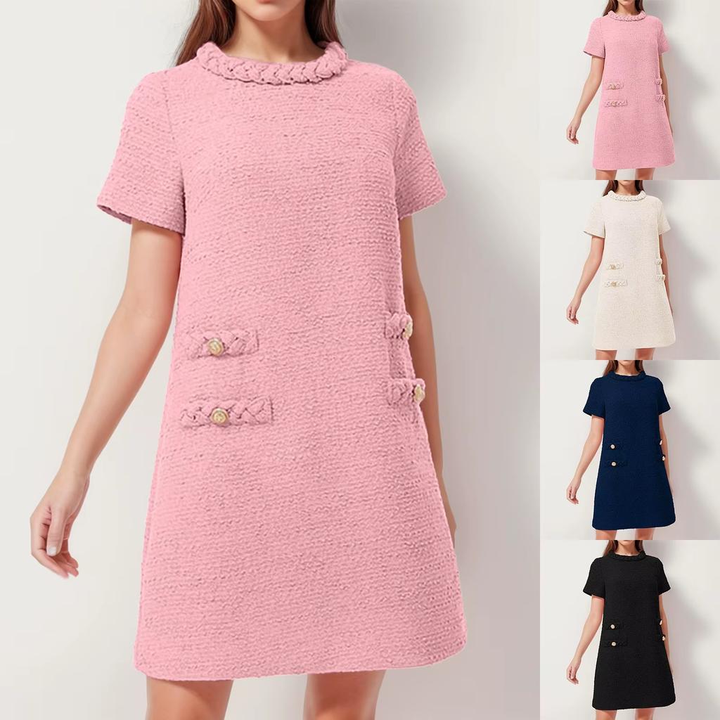 Women Sweet French Style Short Dresses Elegant Tweed Solid Color Button Up Pullover Midi Dress Office Lady Short Formal Dresses