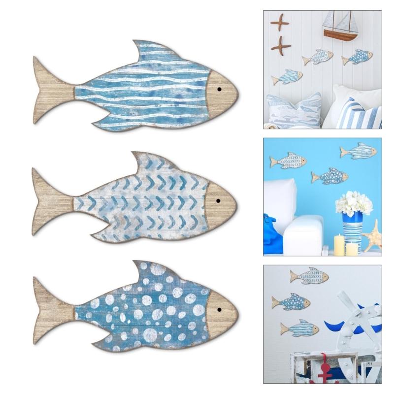 3Pieces Handcrafted Wooden Fish School Wall Hanging Sculpture Ornaments For Coastal Nursery Decors Beach Theme Design