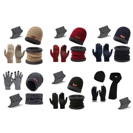 1 Set Winter Hat Scarf Gloves Socks Set Knitted Thick Elastic Great Friction Gloves Windproof Neck Warmer Cold Weather Cycling Socks And Beanie Set