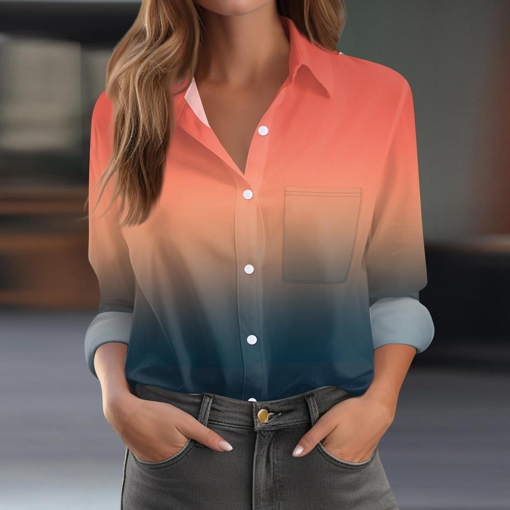Женская рубашка блузка с принтом на пуговицах с длинным рукавом повседневная базовая с воротником обычный топ с карманами