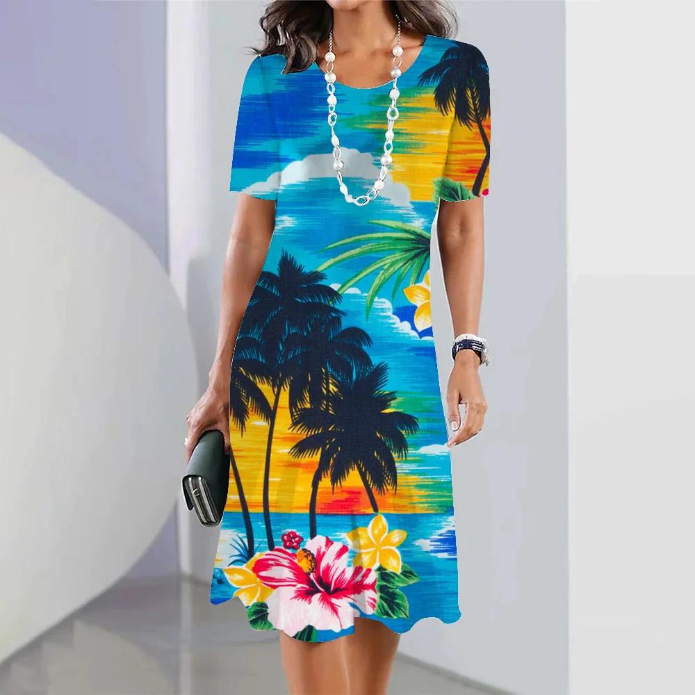 Hawaii Coconut Tree Print Women's Dresses Vacation Long Dresses Female Clothing Summer One-piece Dress