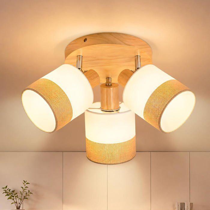 Plafonnier 3 spots - NETTLIFE - Pied en bois E14 pivotant 350° - Abat-jour tissu lin - 3x25W - Style vintage blanc