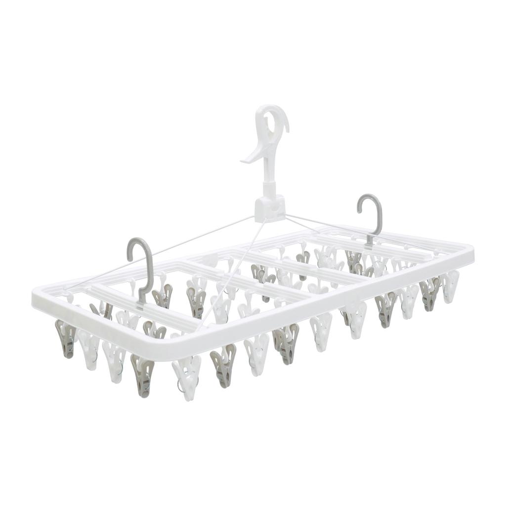 Towa Sangyo Pull-to-Open Clothespin Hanger with 42 Clothespins, Corner Hanger, Tilt-Resistant, with Side Hooks, White, Foldable, Clothes Drying Rack
